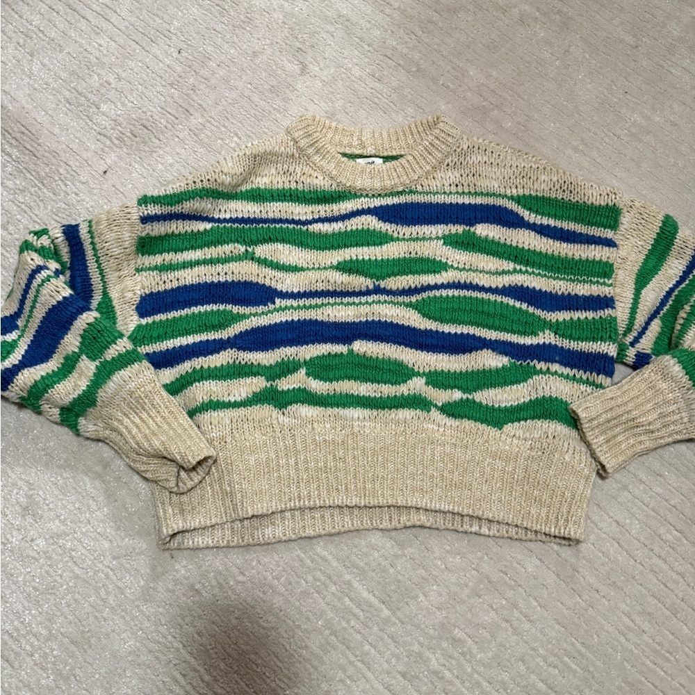 Aerie Green and Blue Crew Neck Sweater with Wavy Stripes